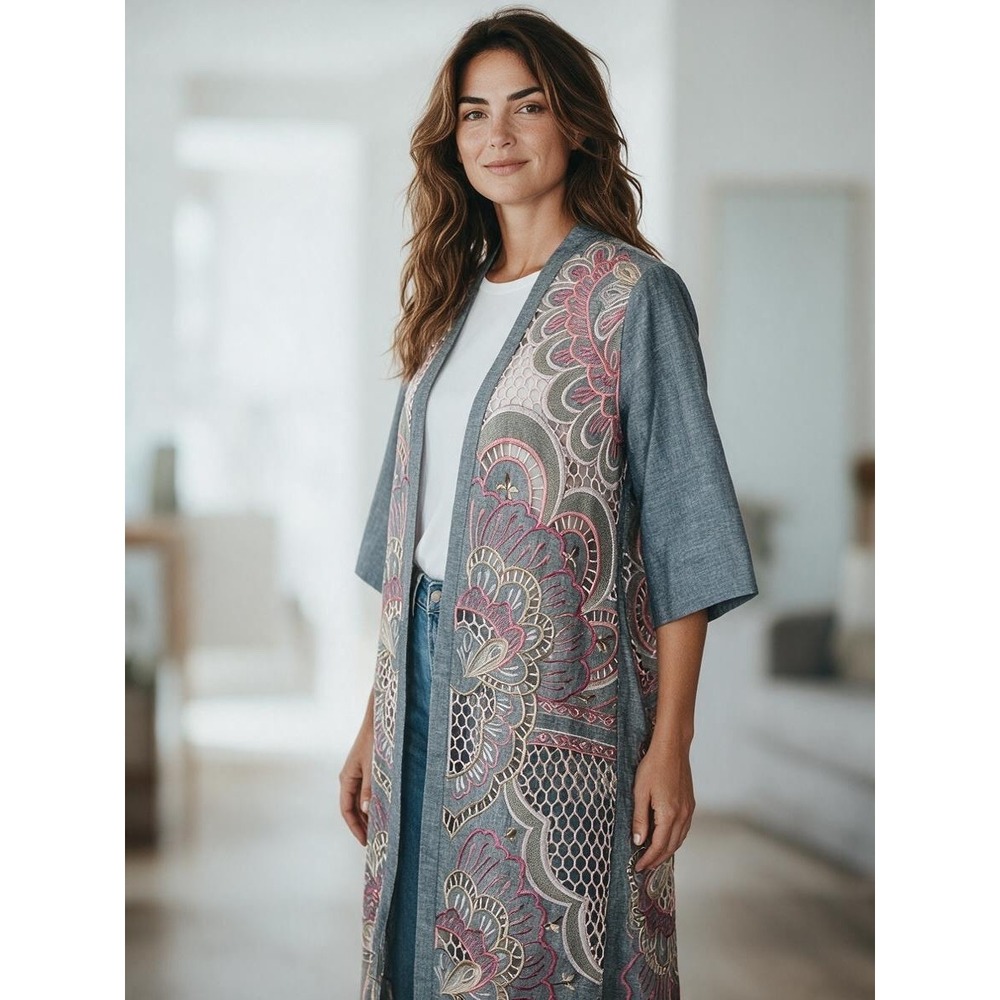 CHICOS Long Kimono Duster S/M Floral Cutout Embroidered Boho Unique Artsy Linen